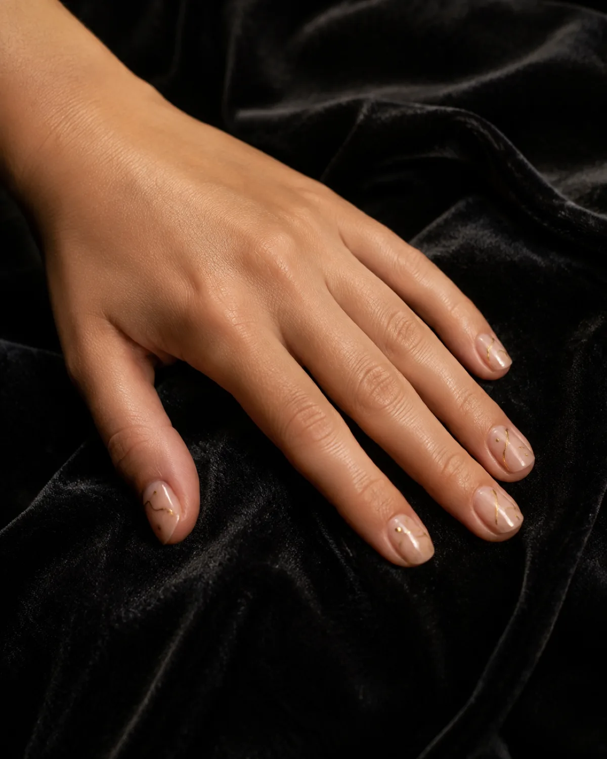 Single left hand with short oval nails in gold metallic abstract line art on sheer nude base on black velvet