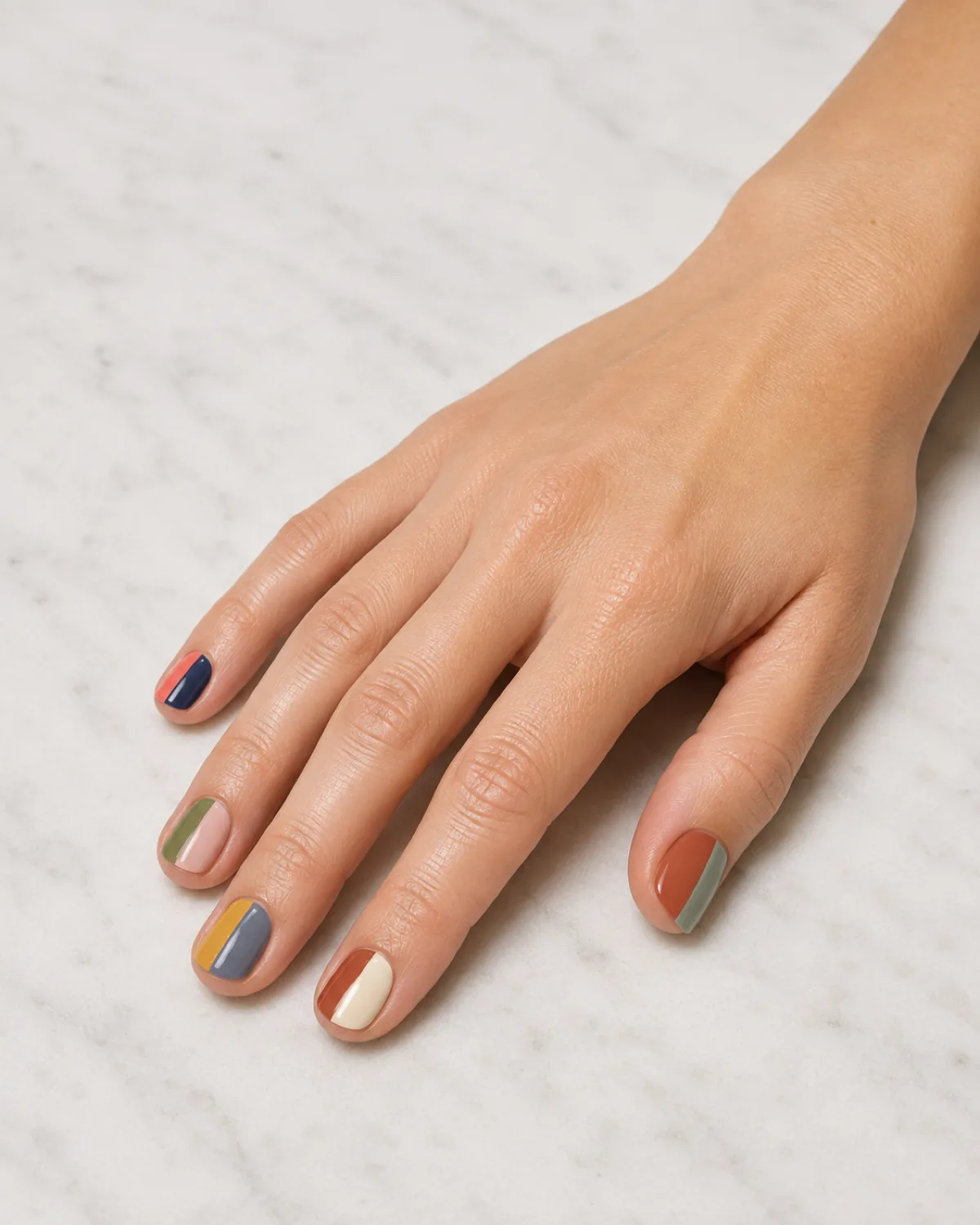 Single right hand with short squoval nails in half-and-half vertical color dip with different color pairs per nail on white stone