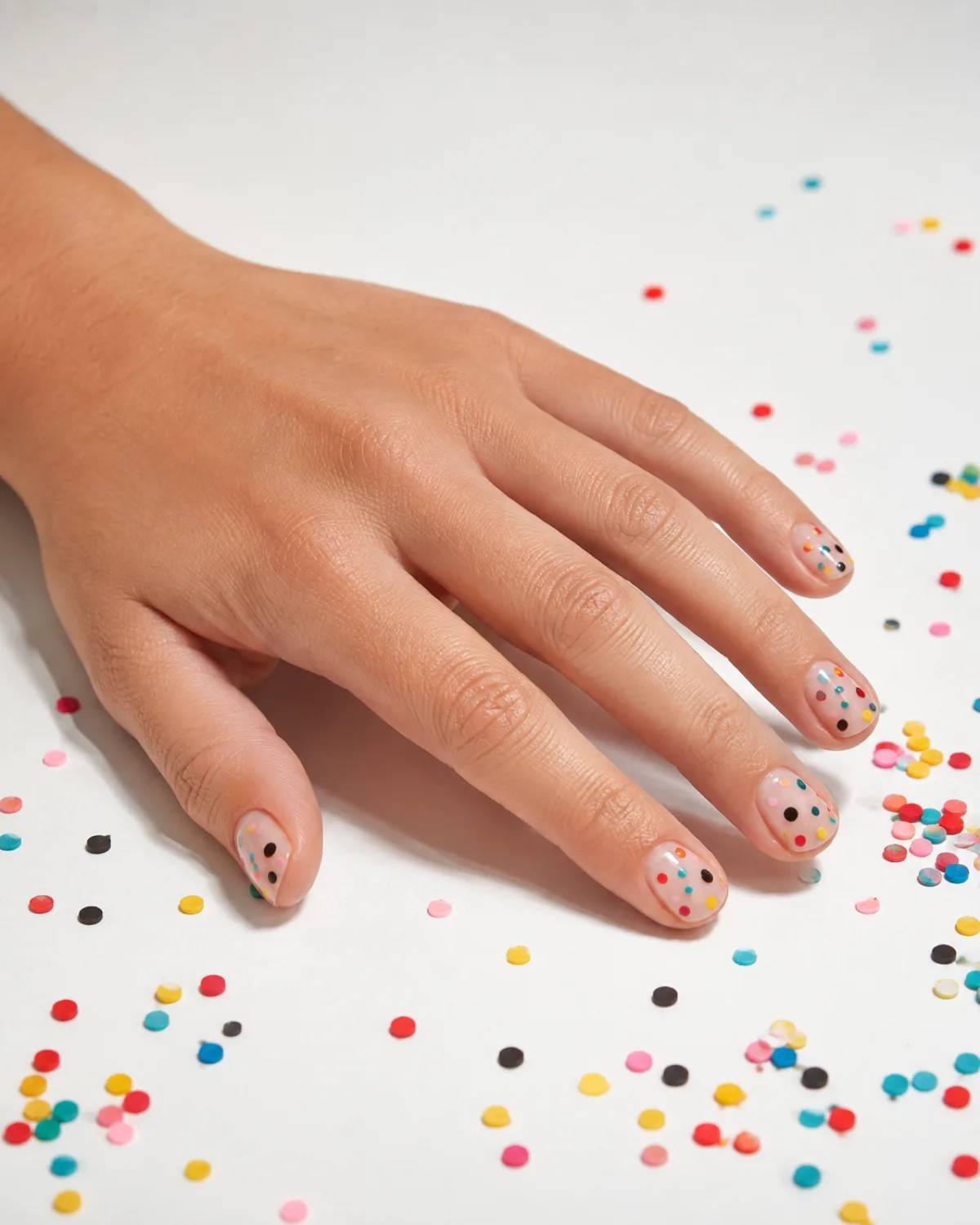 Single left hand with short round nails in confetti dot art with irregular dots in red teal yellow and pink on nude base