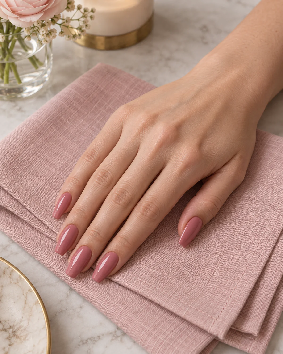 Single right hand with soft rose-pink polish on ballerina nails resting on a blush-pink linen napkin