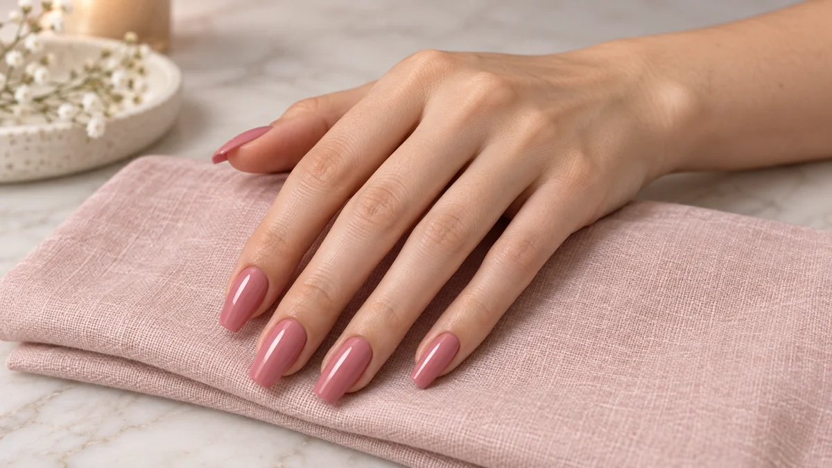 Single right hand with soft rose-pink polish on ballerina nails resting on a blush-pink linen napkin