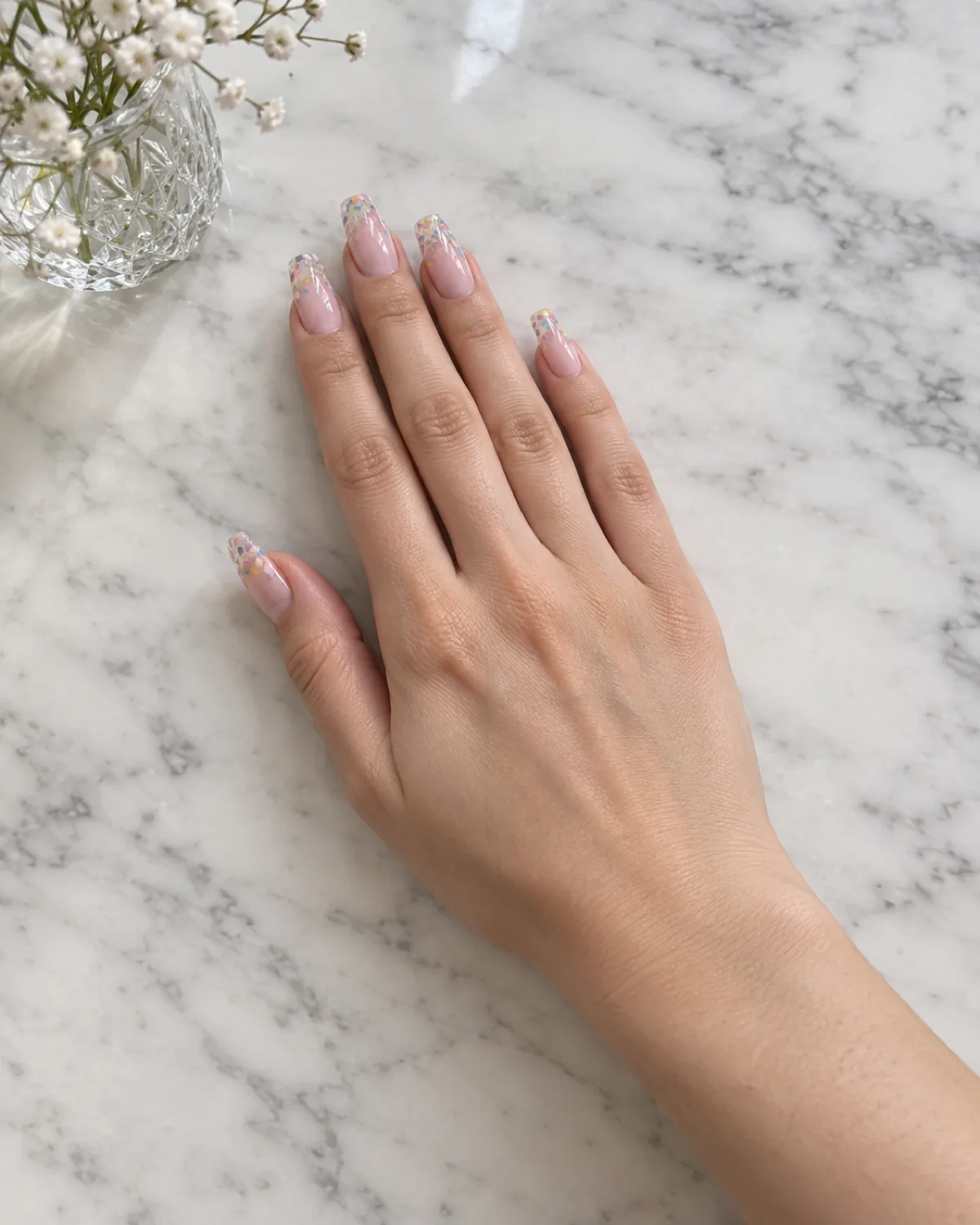 Single right hand with confetti French tip birthday nails on medium coffin shape resting on white marble