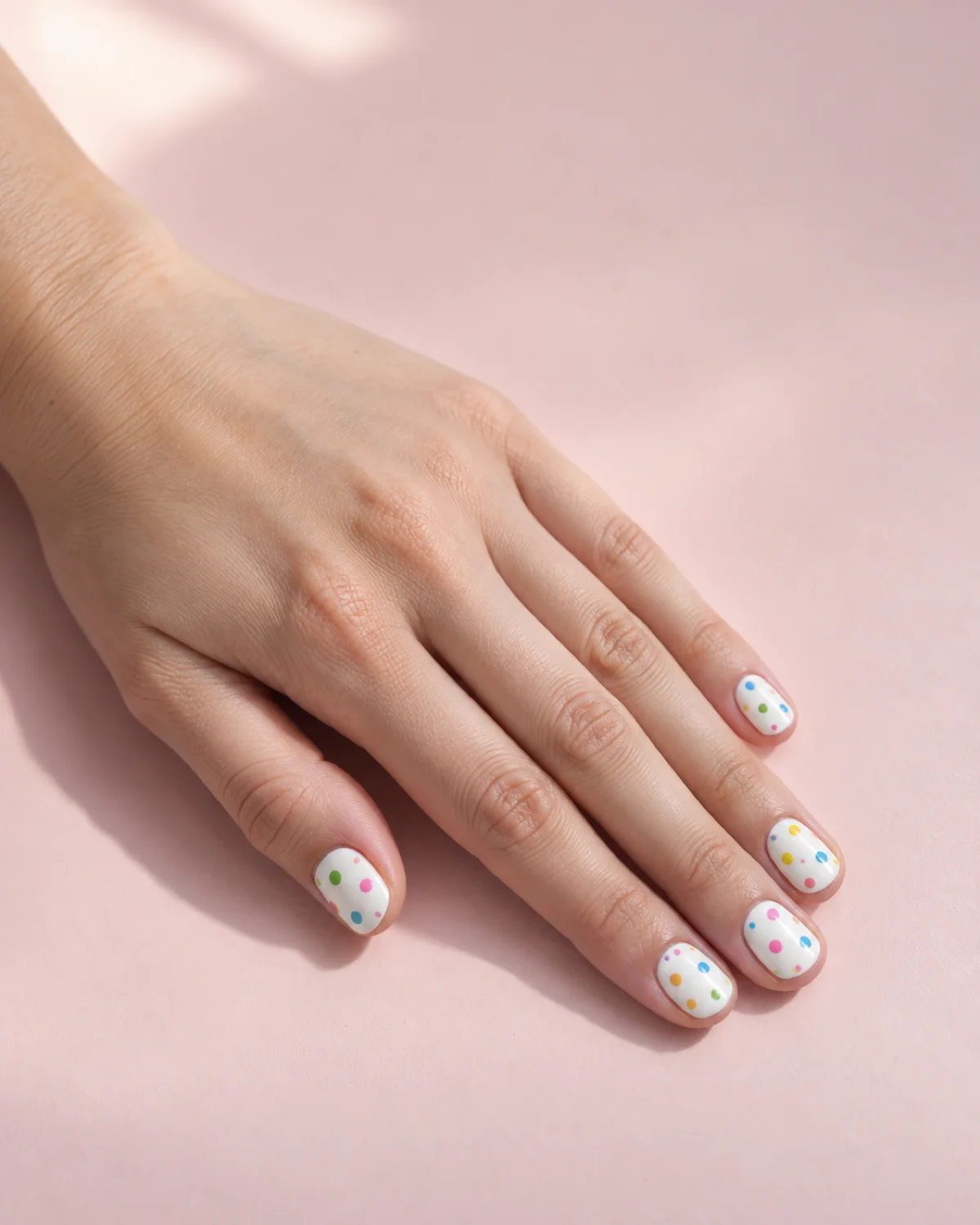 Single left hand with pastel dot mix nails on short round shape resting on a light pink surface