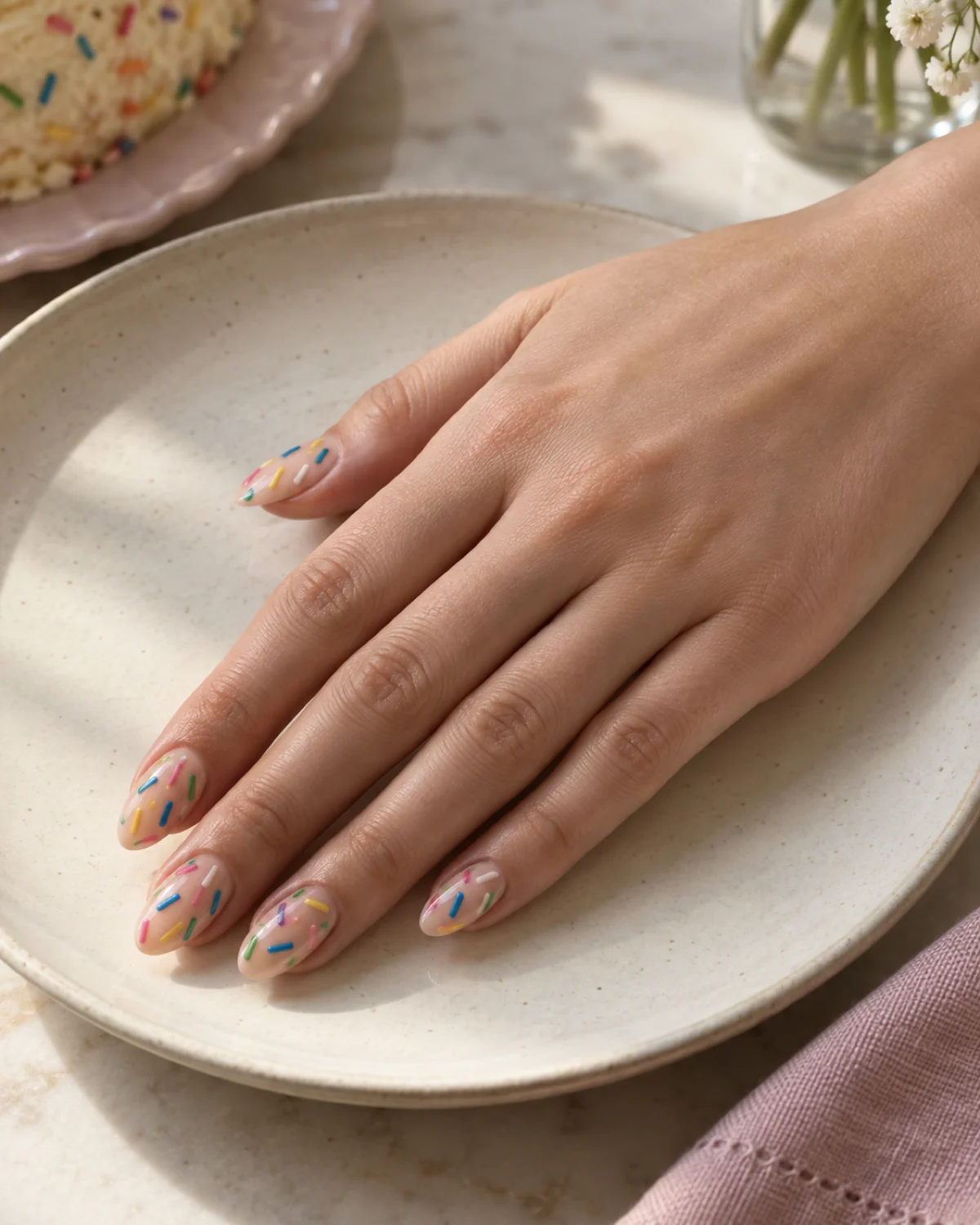 Single right hand with sprinkle art birthday nails on warm nude almond shape resting on a cream ceramic plate