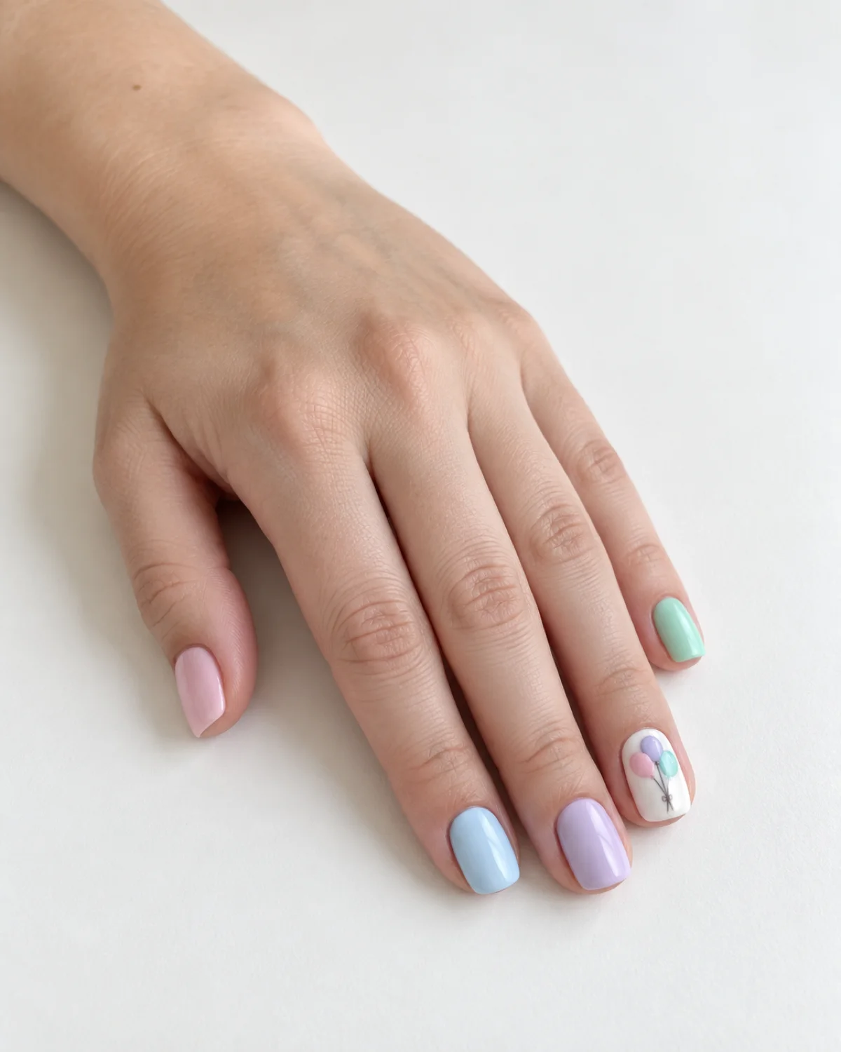 Single left hand with pastel birthday nails and balloon accent on short squoval shape resting on a white table