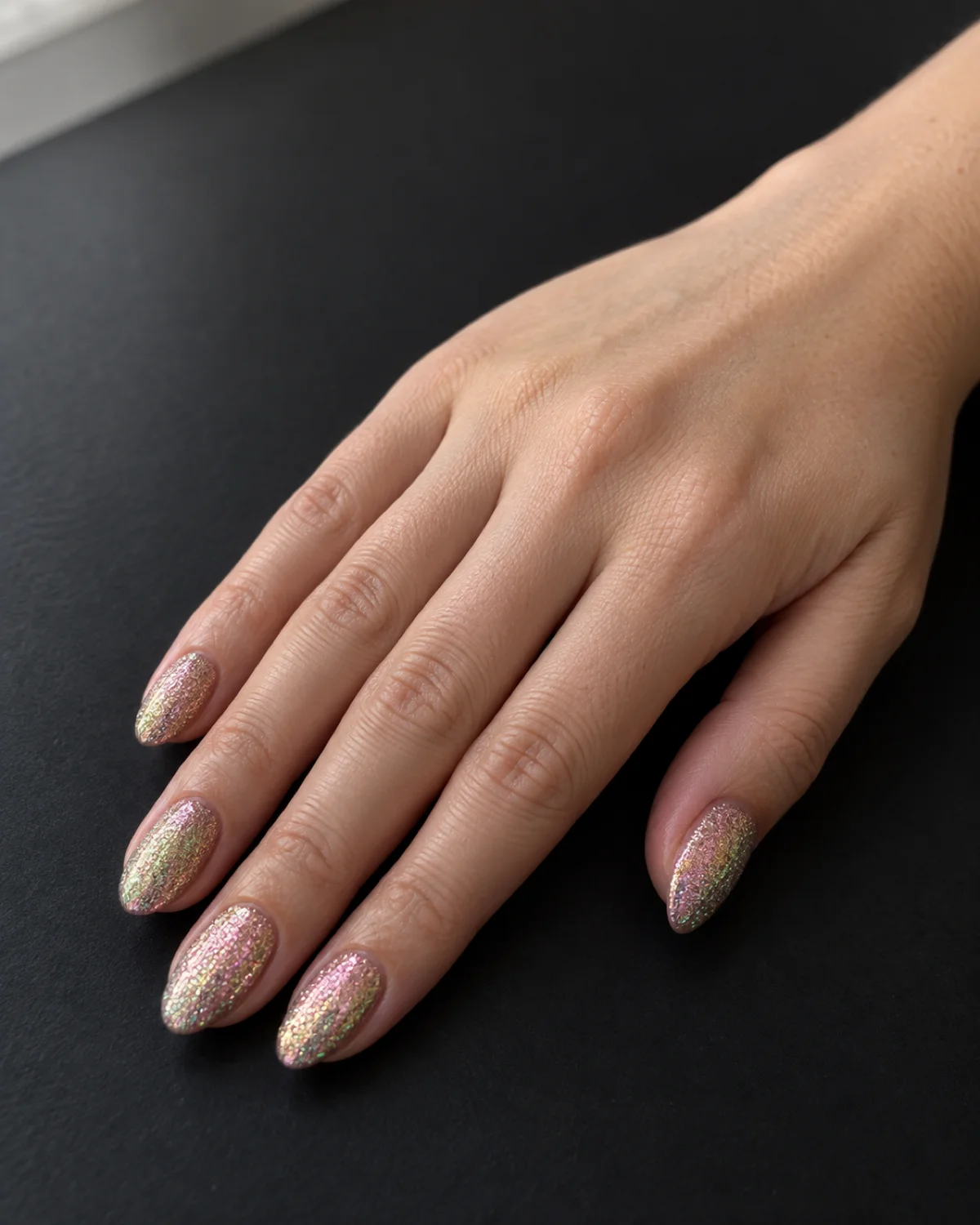 Single right hand with iridescent glitter dip birthday nails on medium almond shape resting on a matte black surface