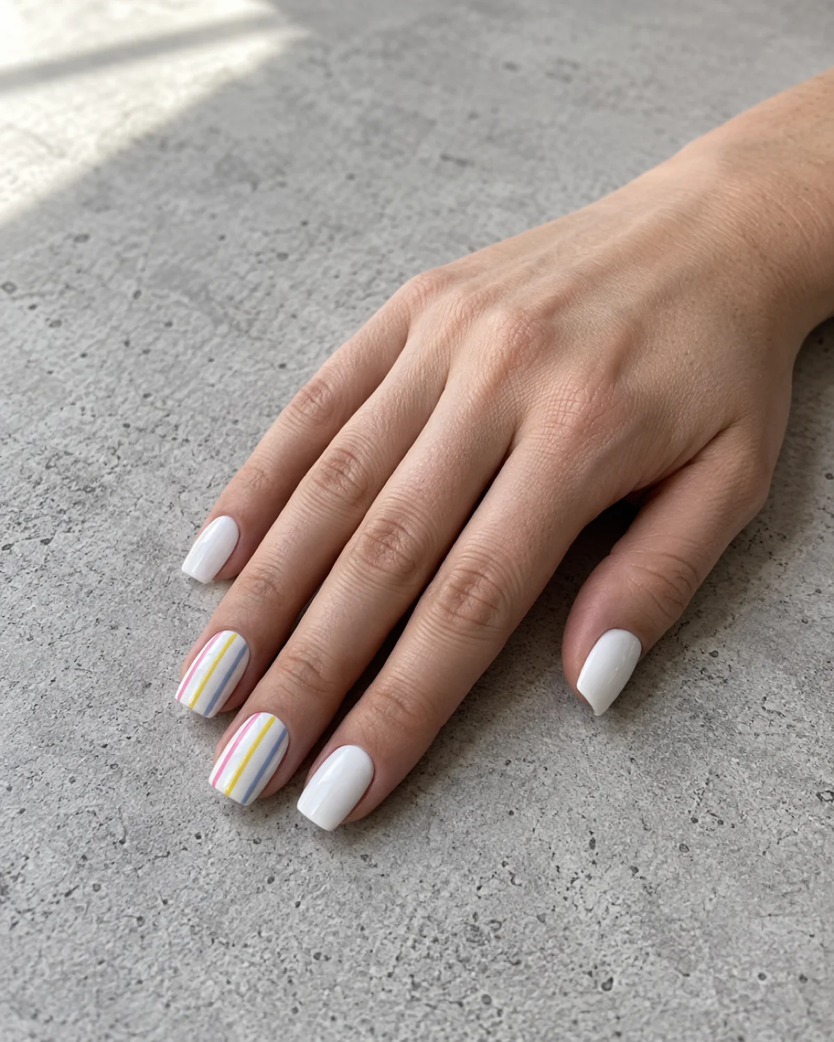 Single right hand with candle stripe accent birthday nails on medium square shape resting on light grey concrete