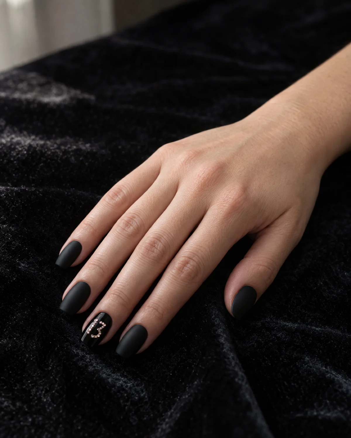 Single right hand with rhinestone number birthday nails on matte black short coffin shape resting on dark velvet