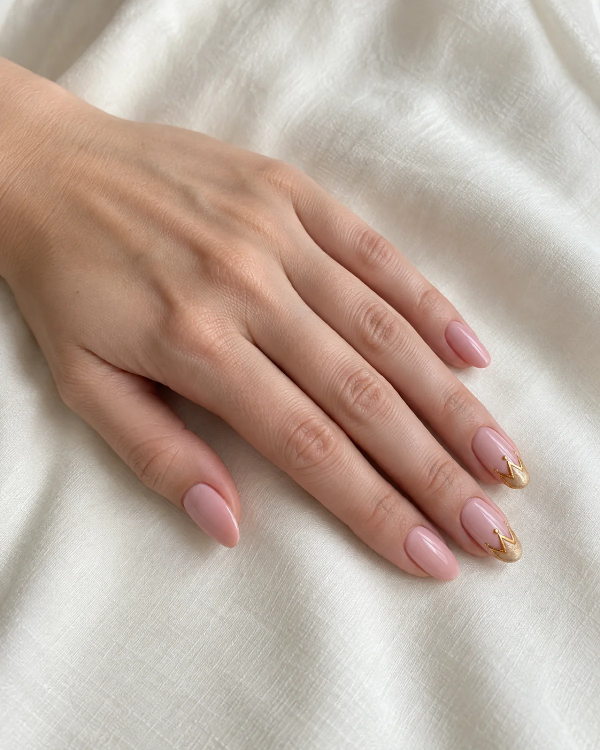 Single left hand with pink-and-gold crown tip birthday nails on medium almond shape resting on ivory fabric