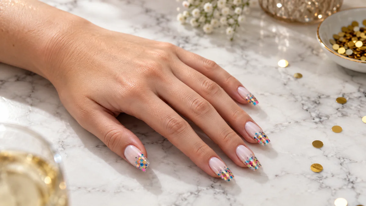 Single right hand with confetti French tip birthday nails on medium coffin shape resting diagonally on a white marble surface with gold confetti nearby