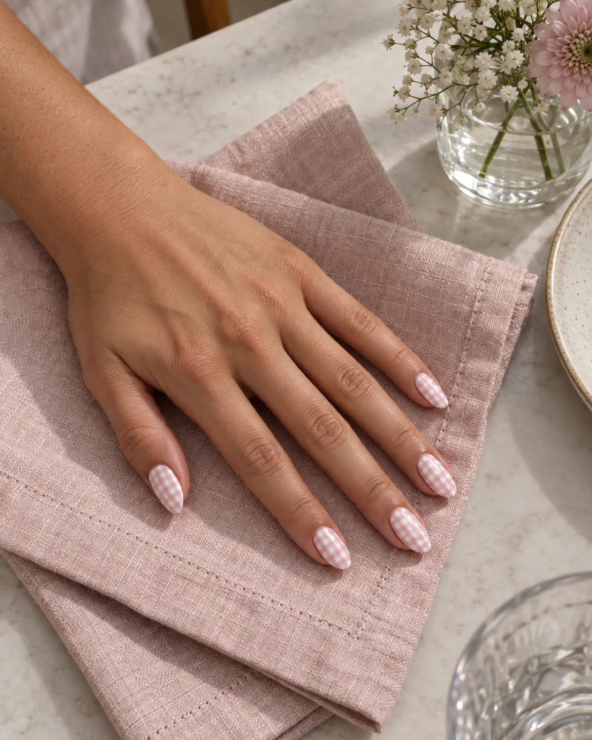 Single left hand with tiny pastel pink and white micro checkered almond nails on a blush linen napkin