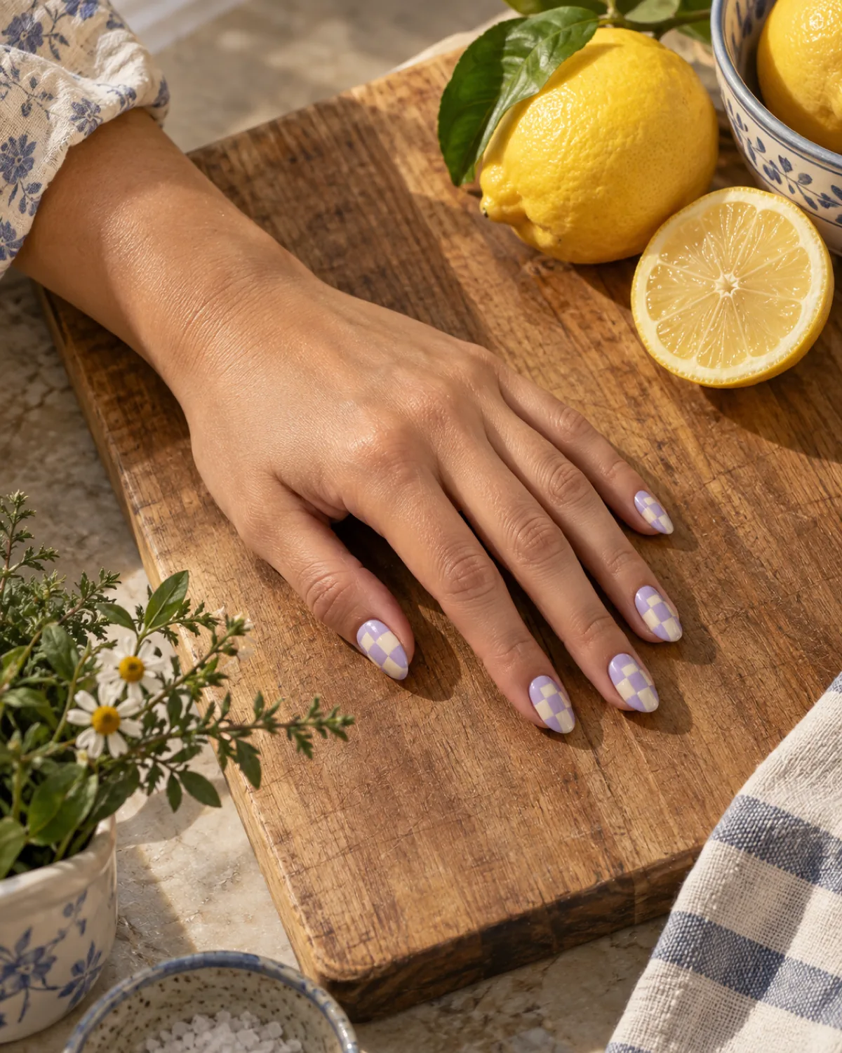 Single left hand with lavender and cream checkered oval nails on a wooden cutting board