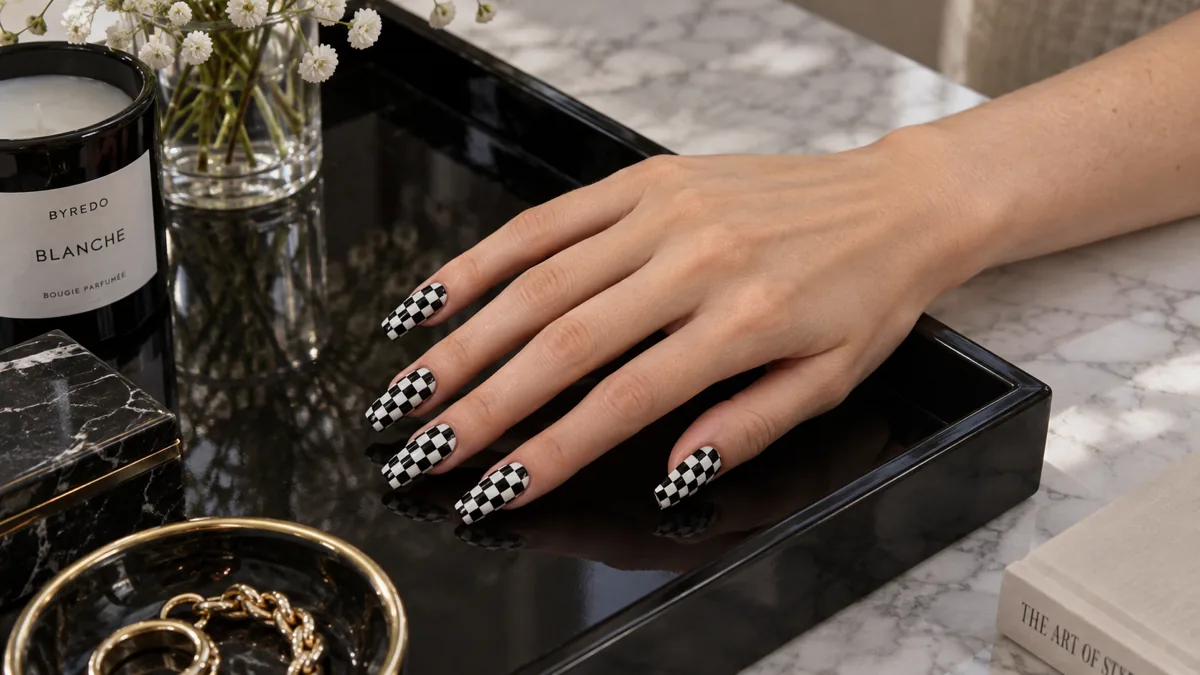 Single right hand with glossy black-and-white checkerboard coffin nails resting on a black lacquer tray
