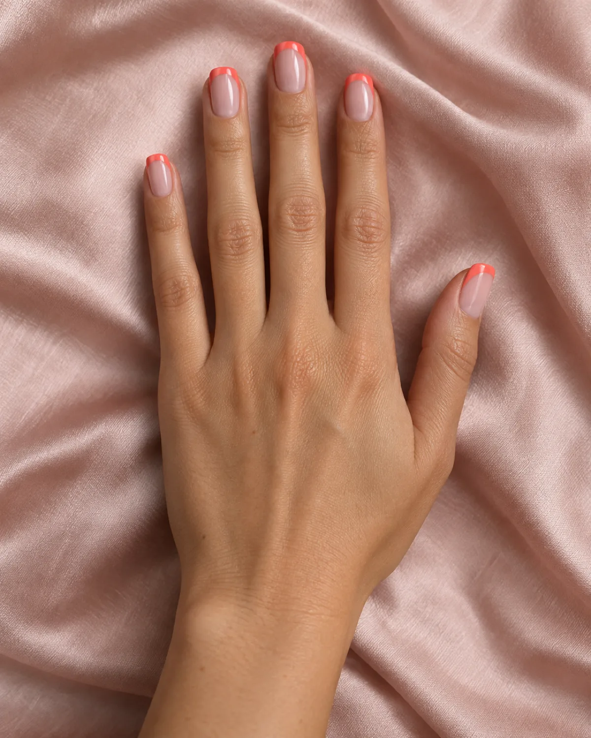 Single right hand with squoval nails showing sheer nude base and coral crème French tips on blush satin fabric