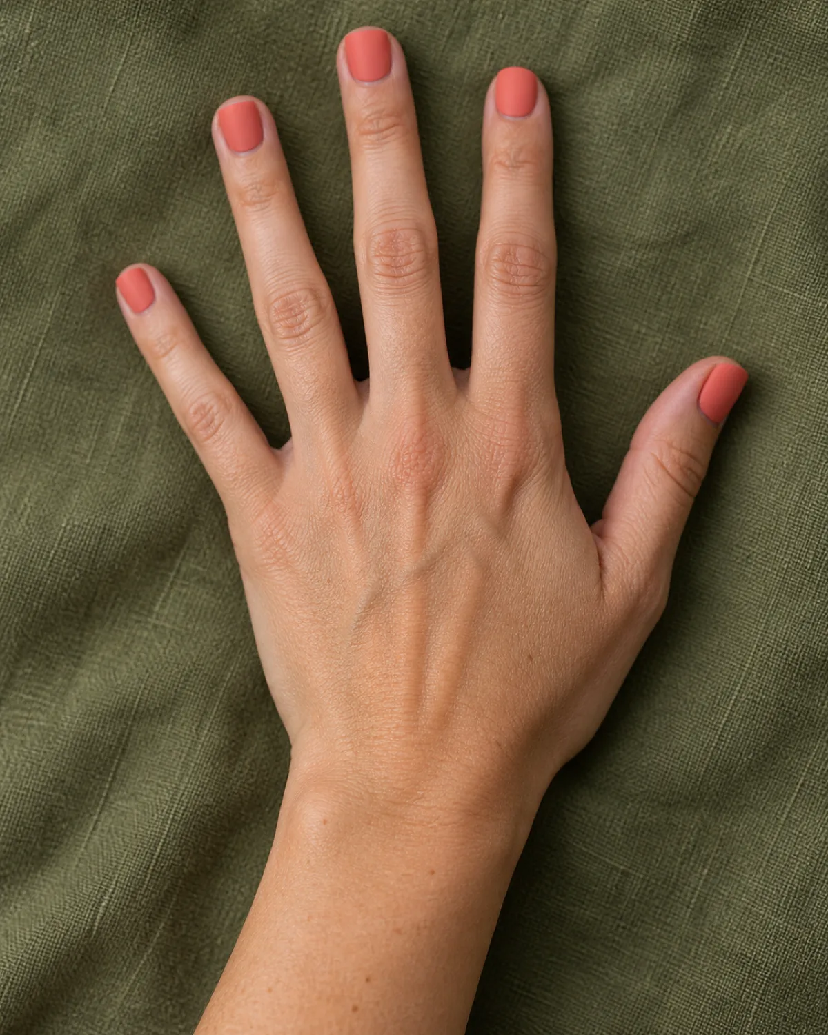 Single right hand with short square nails in matte coral crème polish on olive green linen cloth