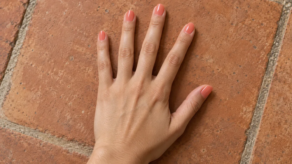 Single right hand with round nails in sheer coral jelly polish splayed flat palm down on warm terracotta tile