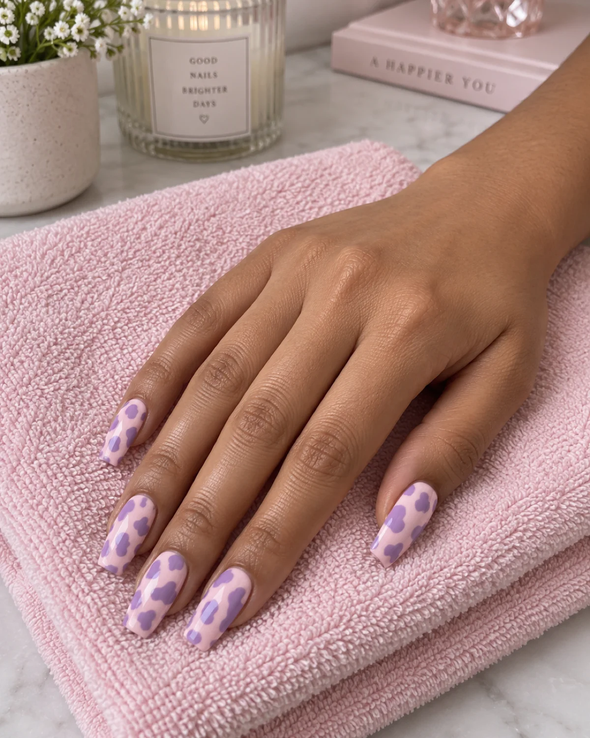 Single right hand with pastel pink and lavender cow print nails on coffin shape resting on a folded baby-pink cotton towel