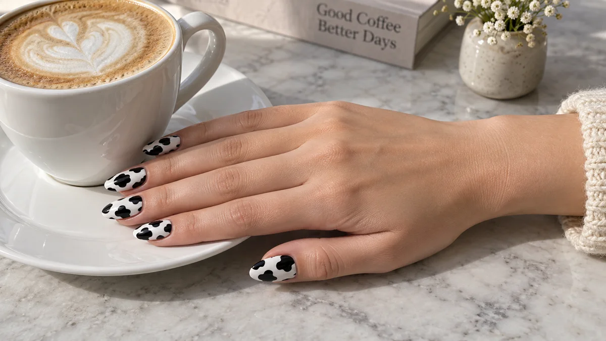 Single right hand with classic black-and-white cow print nails on almond shape resting on a white porcelain saucer