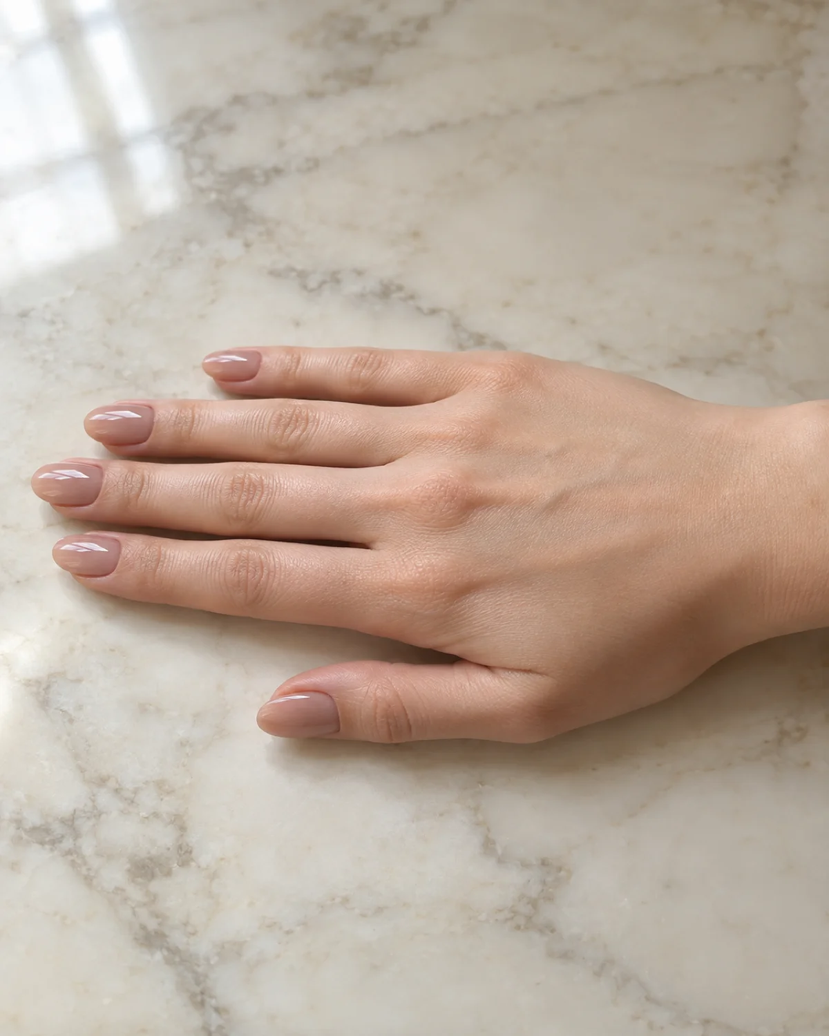 Single right hand with glazed nude elegant nails on medium oval shape resting on cream marble