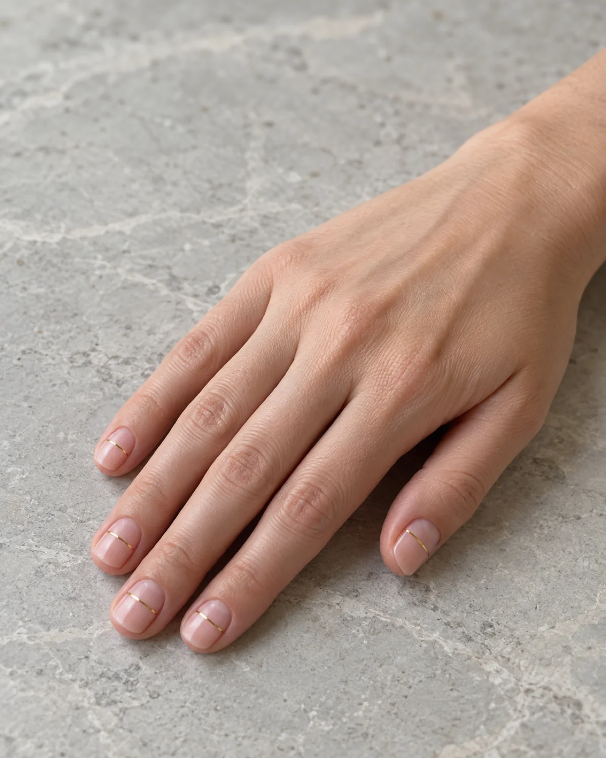 Single right hand with thin gold cuff line elegant nails on short squoval shape resting on light grey stone