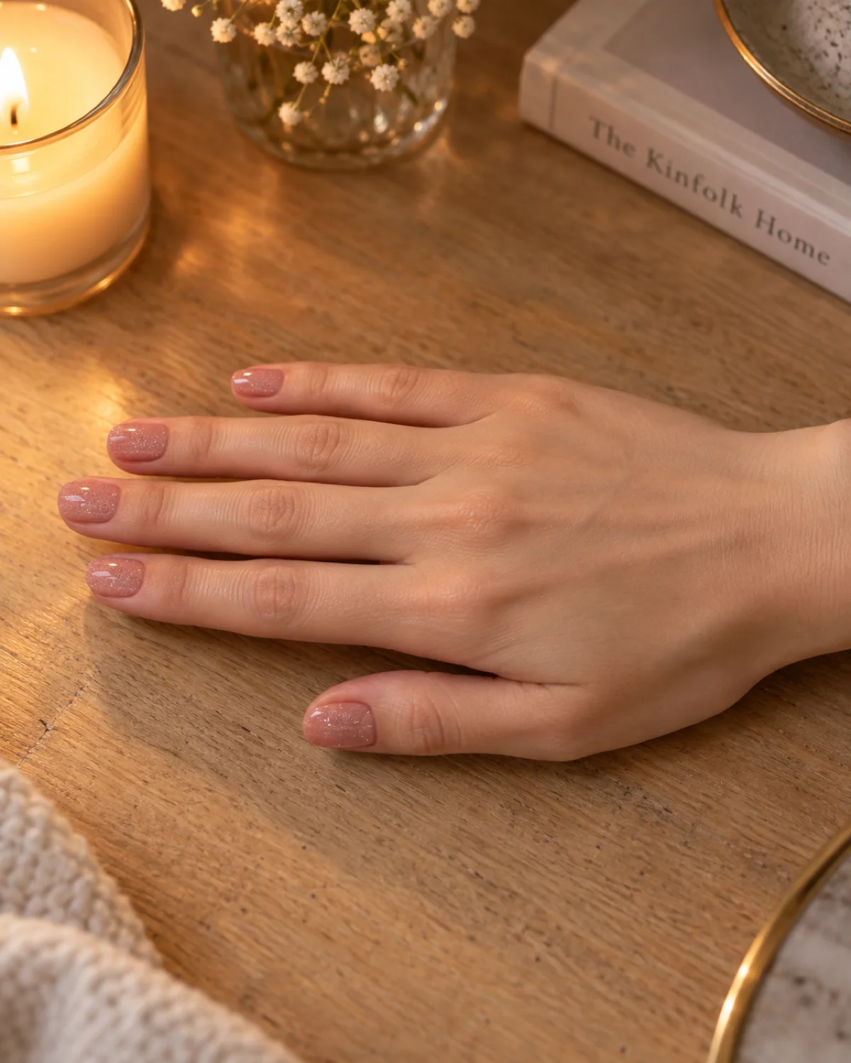 Single right hand with micro-shimmer blush elegant nails on short round shape resting on warm beige wood