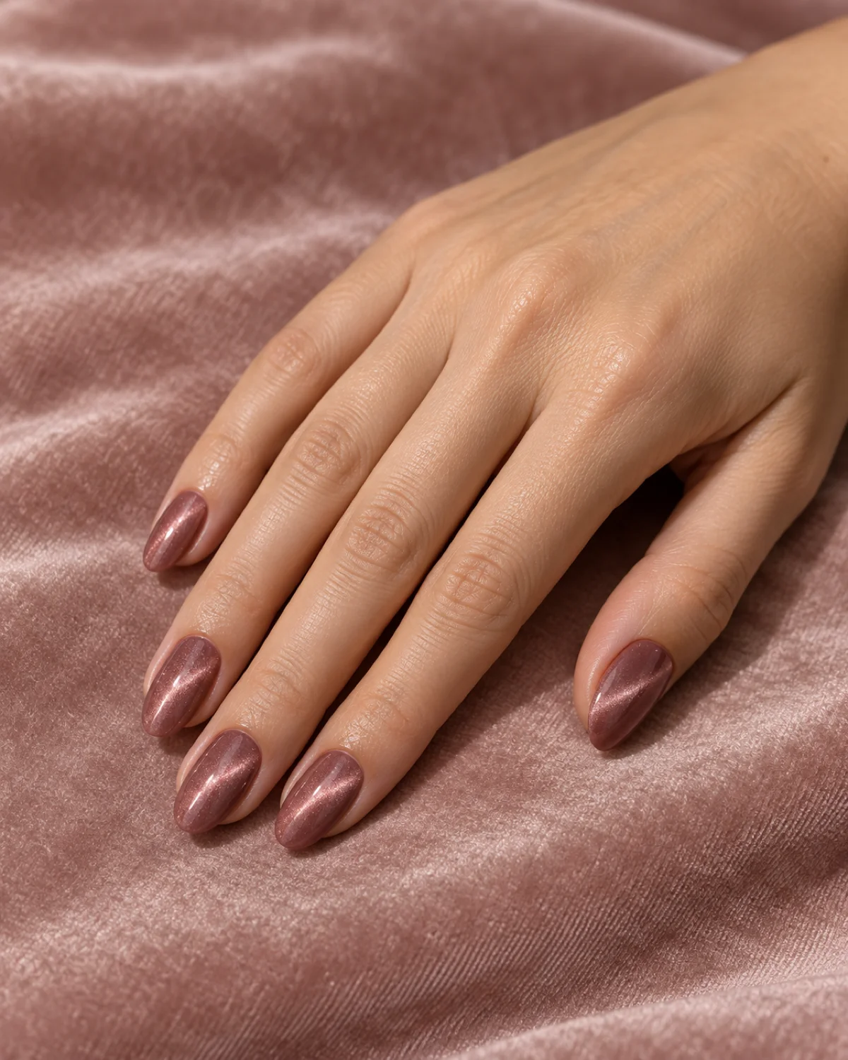 Single right hand with dusty rose cat eye elegant nails on medium almond shape resting on blush pink velvet
