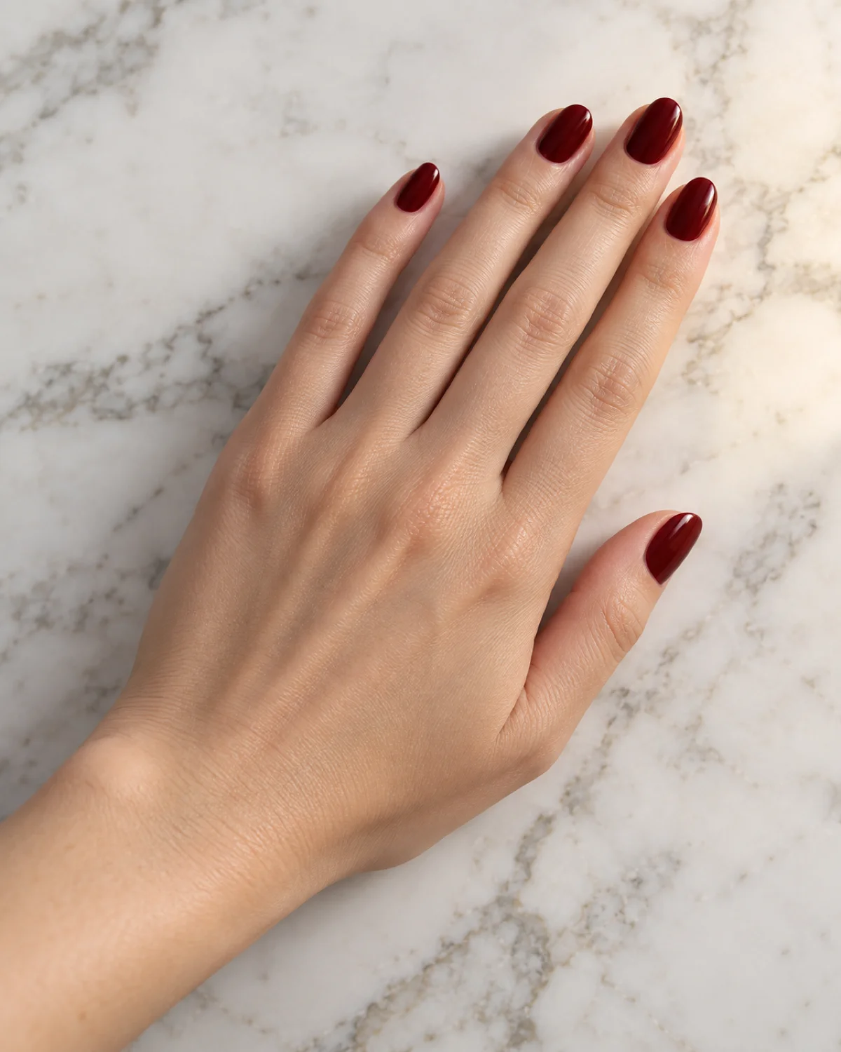 Single right hand with oxblood gloss elegant nails on short almond shape resting on white marble