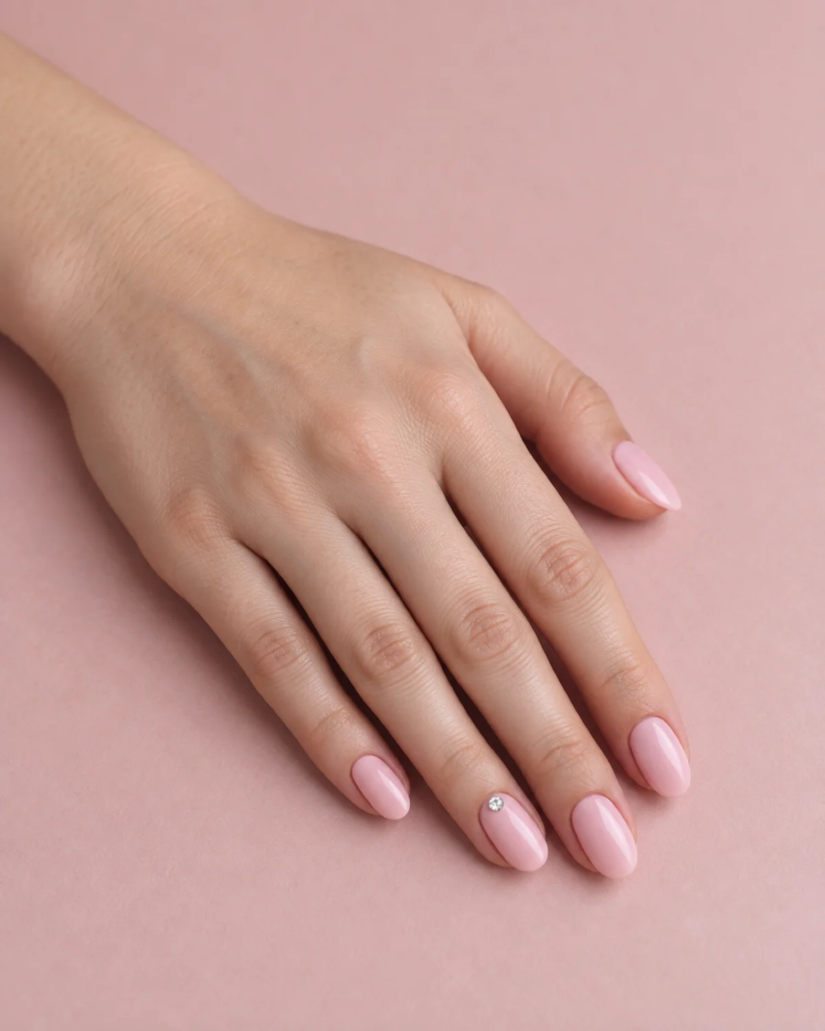 Single left hand with ballerina pink elegant nails and single gem accent on medium oval shape resting on blush pink surface