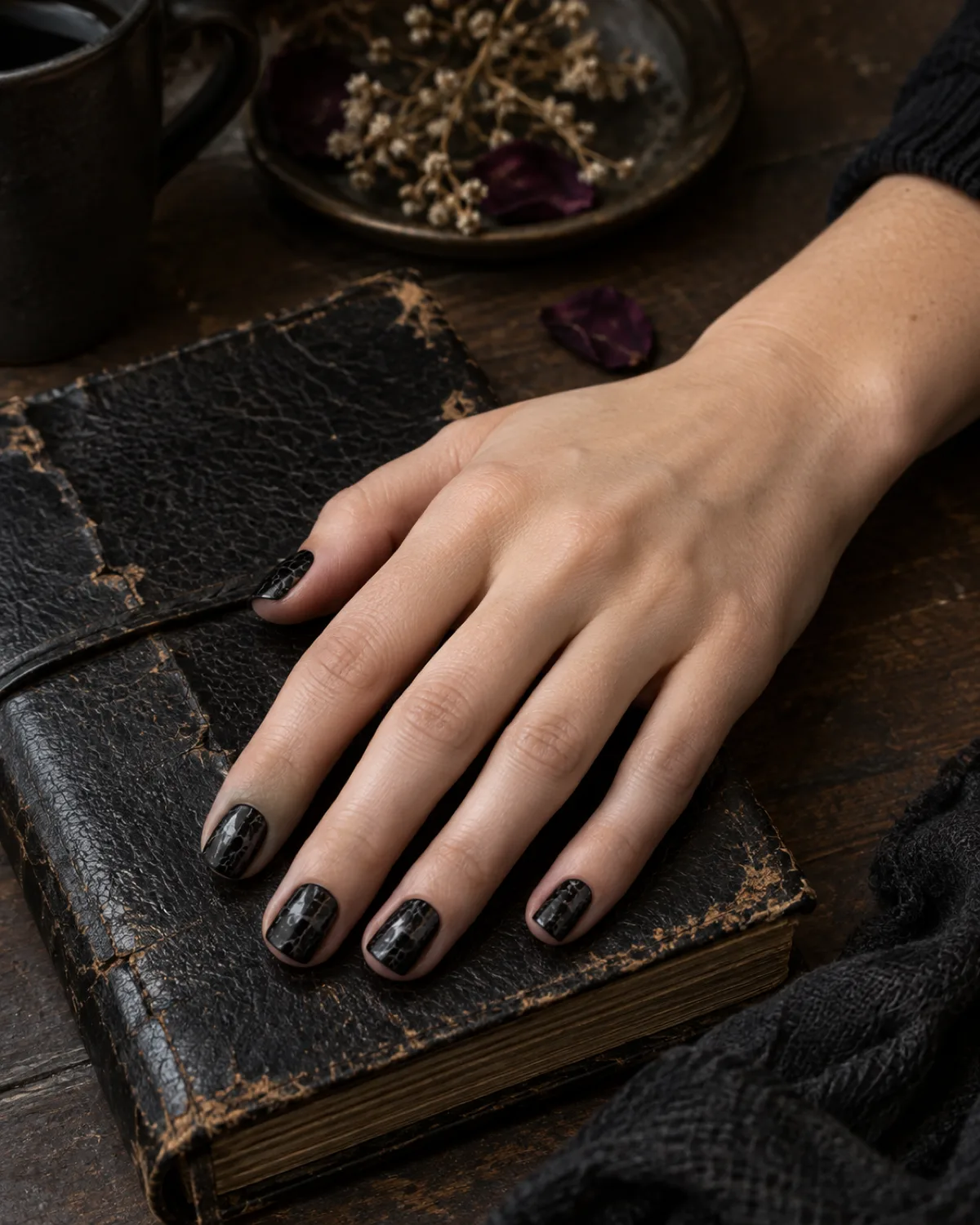 Black crackle topcoat nails on short square shape resting on distressed leather journal