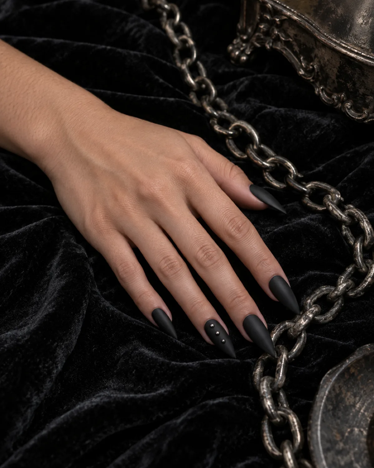 Matte black stiletto nails with gunmetal dome studs on ring finger alongside tarnished silver chain on black velvet
