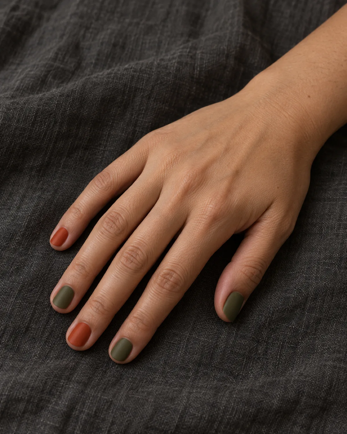 Alternating rust-orange and muted olive green nails in chalky matte on short natural nails on charcoal linen