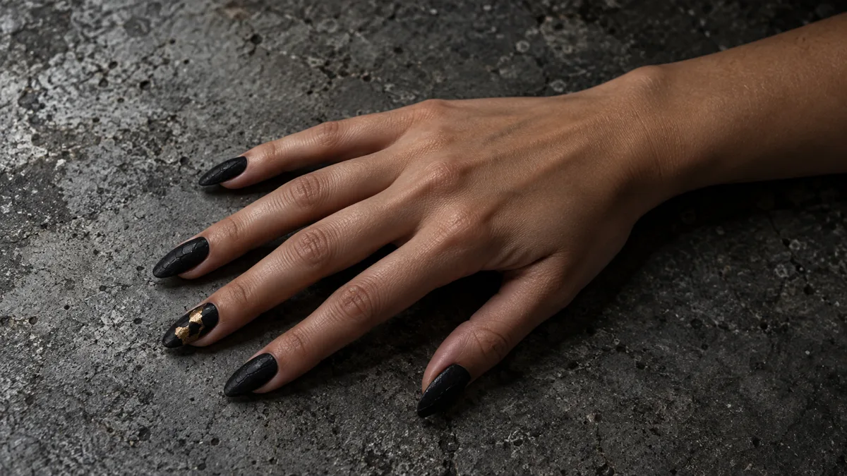 Single right hand with matte black crackle almond nails and gold foil accent on ring finger resting on distressed grey concrete