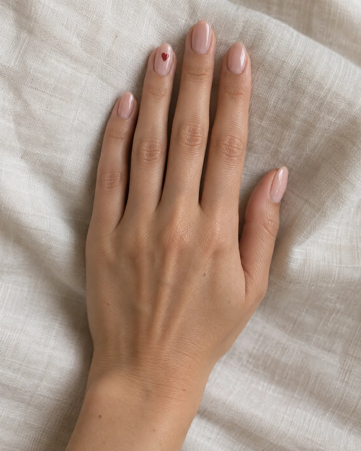 Single right hand with oval nails in warm sheer nude, ring finger showing one small solid red heart near the cuticle, resting palm down on cream linen