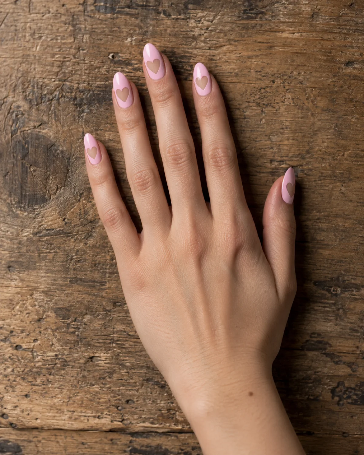 Single right hand with almond nails, opaque blush pink polish with a heart-shaped window revealing bare nail at center of each nail, resting on raw wood