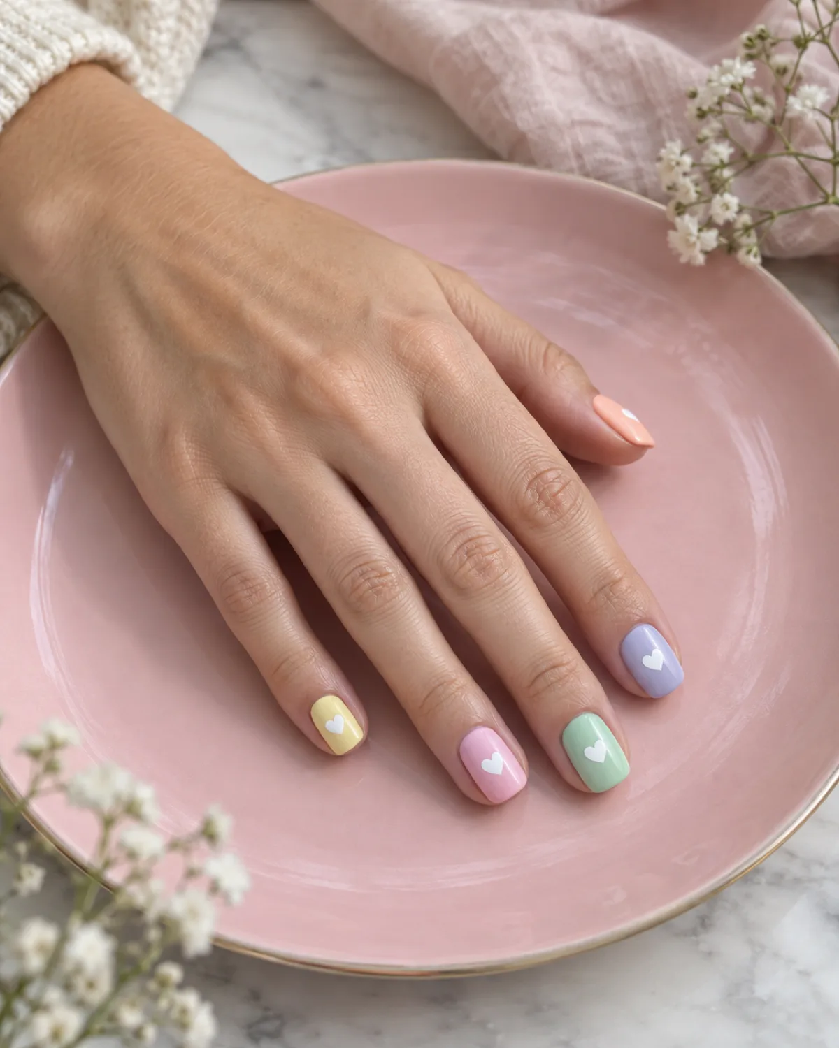 Single left hand with rounded square nails each in a different pastel color with a small solid white heart centered on each nail plate, on pastel pink ceramic plate