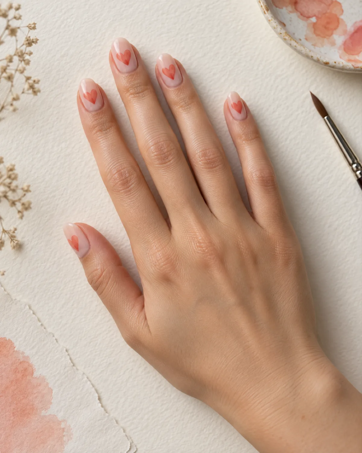 Single right hand with oval nails in sheer nude base, each nail with a single watercolor-style heart in diluted coral and peach with soft blurred edges, on cream watercolor paper