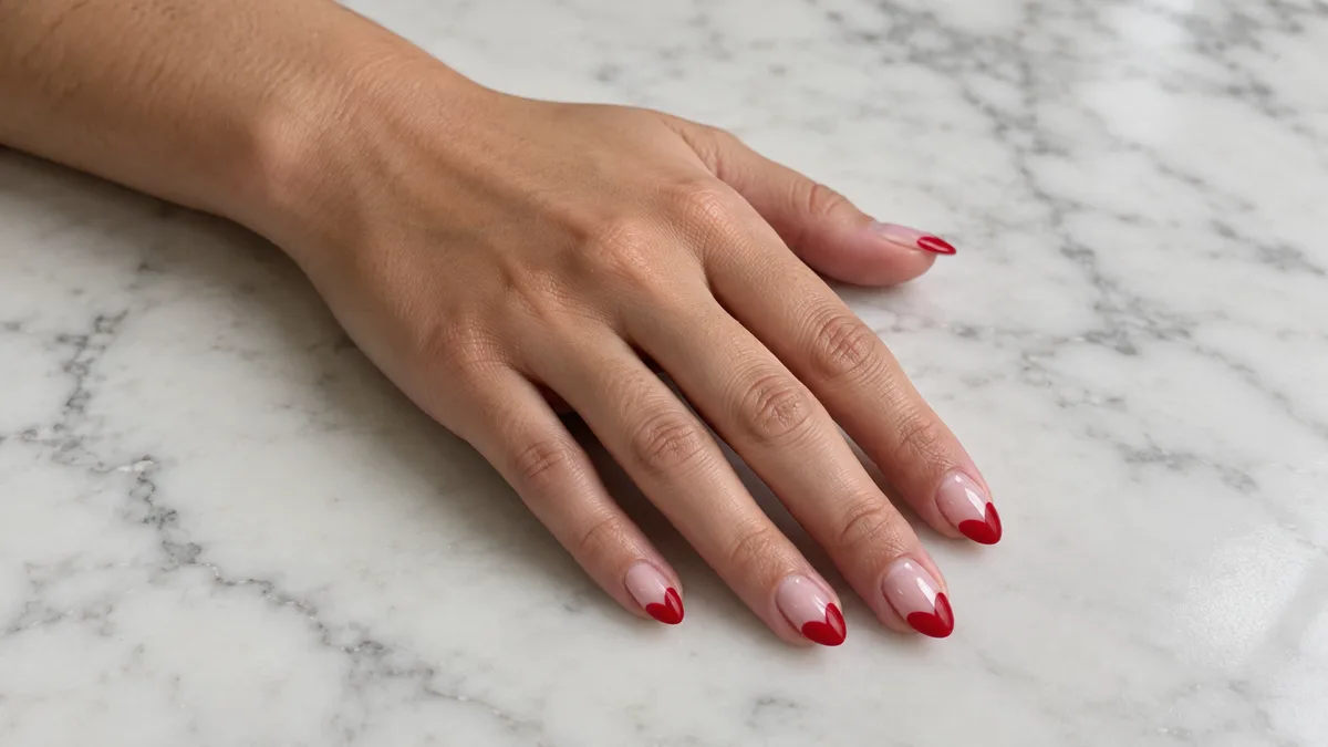 Single left hand with almond nails featuring red heart-shaped French tips on sheer pink base resting palm down on white marble