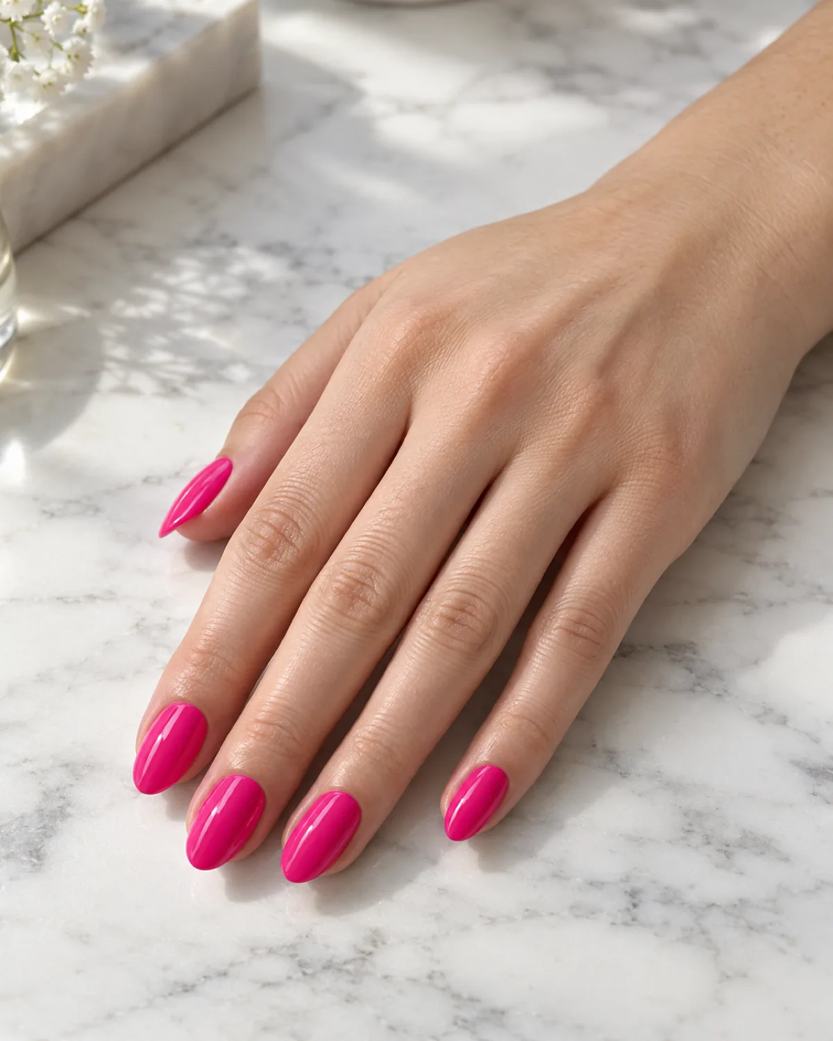 Single right hand with glossy solid hot pink nails on medium almond shape resting on a white marble surface