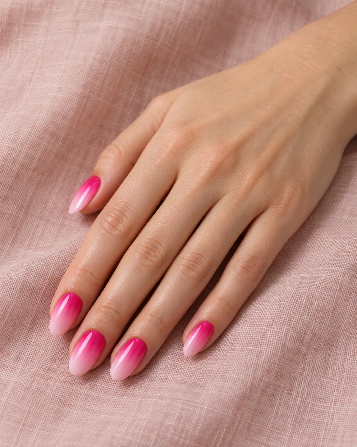 Single right hand with hot-pink-to-baby-pink ombré nails on medium almond shape resting on blush pink linen