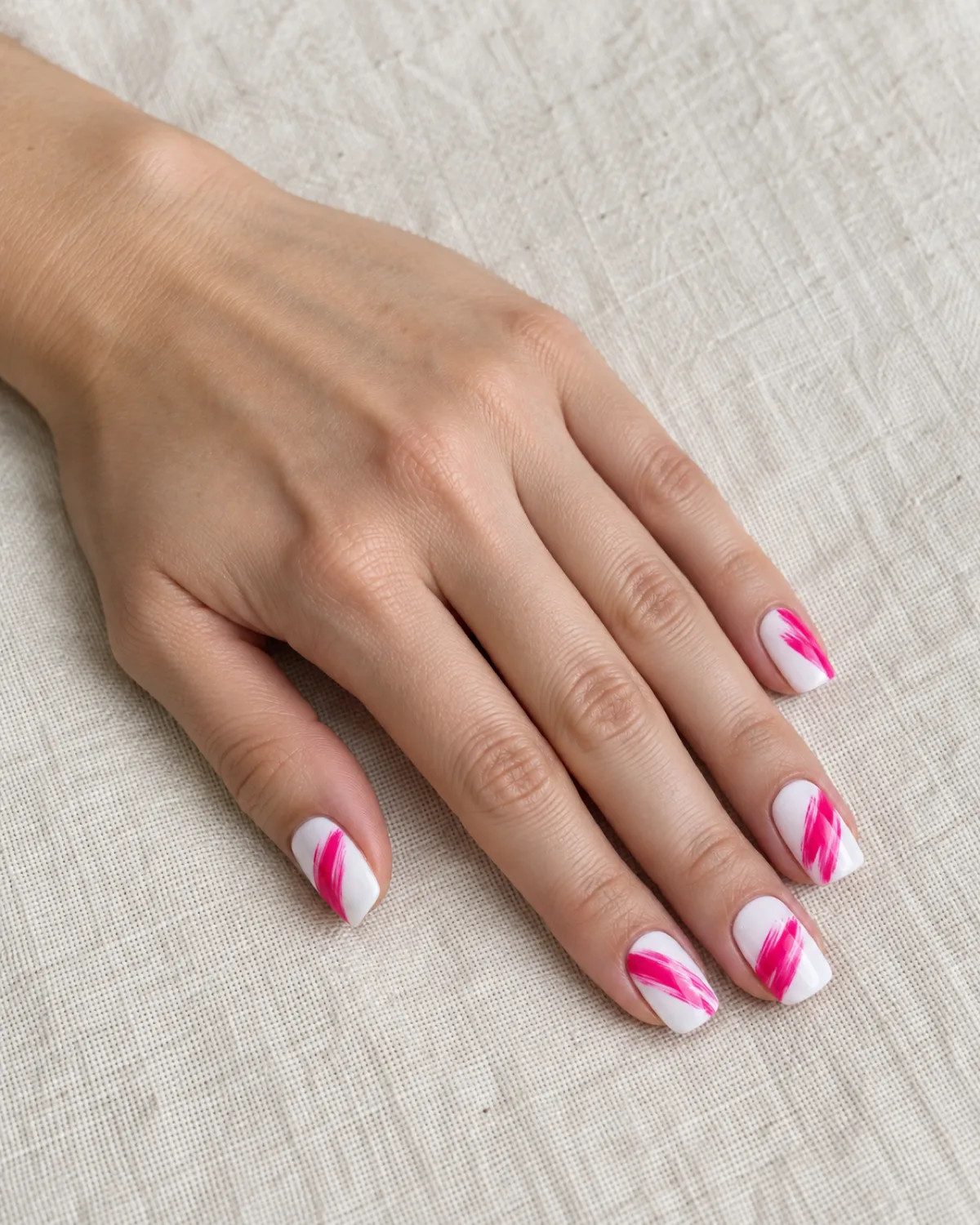 Single left hand with abstract hot pink brush stroke nails on white base on medium squoval shape resting on off-white canvas