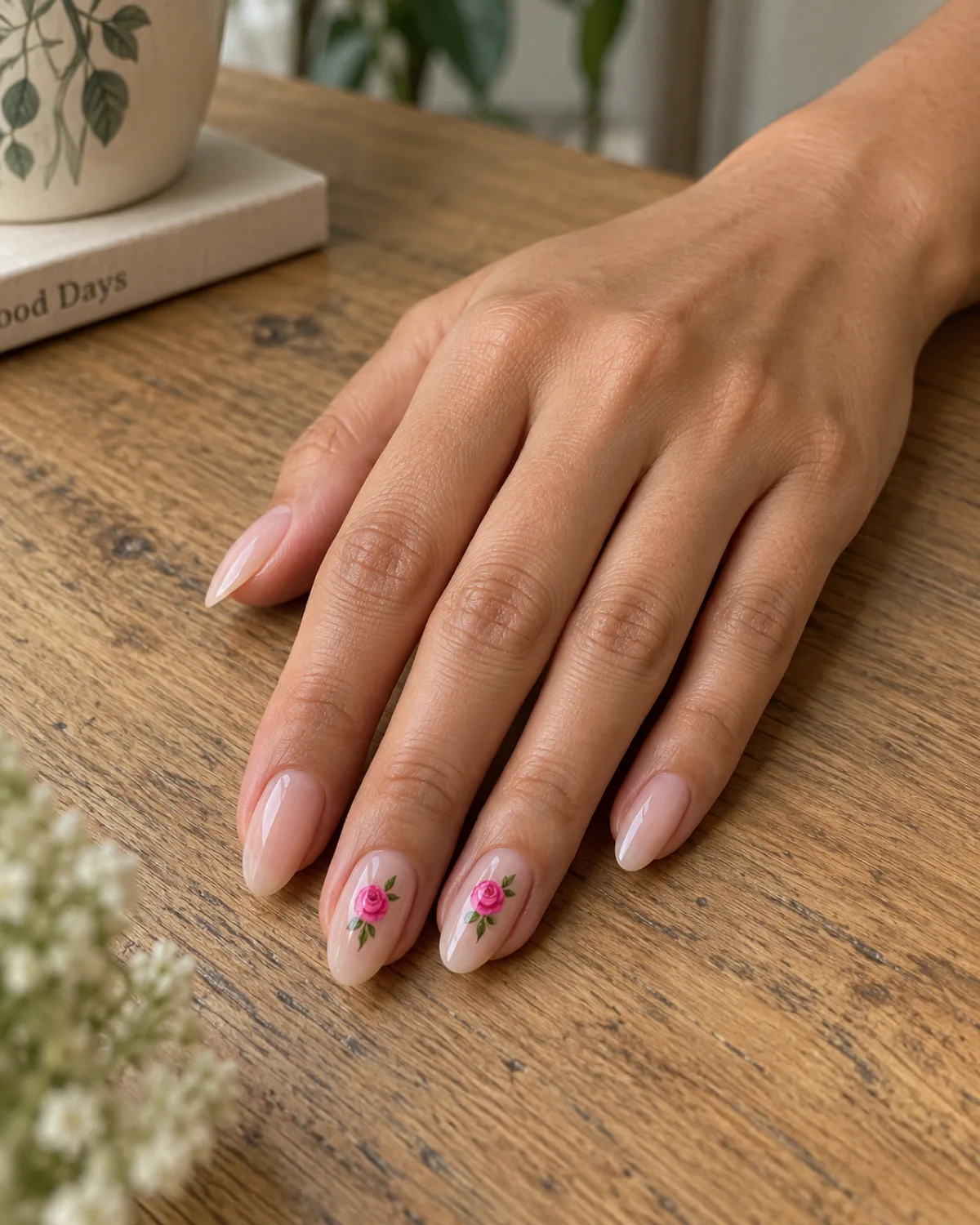 Single right hand with hot pink floral accent nails on sheer nude base on medium almond shape resting on a natural wood table