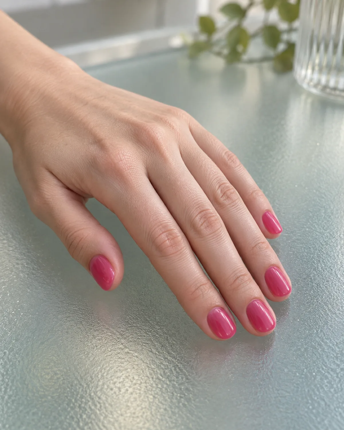 Single left hand with semi-transparent jelly hot pink nails on short round shape resting on frosted glass