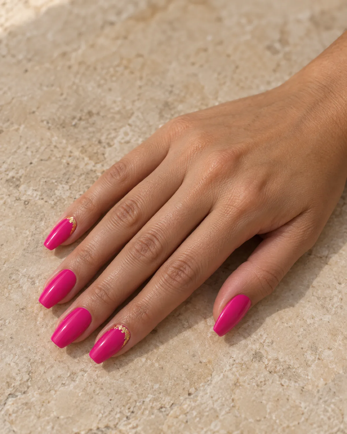 Single right hand with hot pink nails and gold leaf accent along the cuticle edge on medium coffin shape resting on warm beige stone