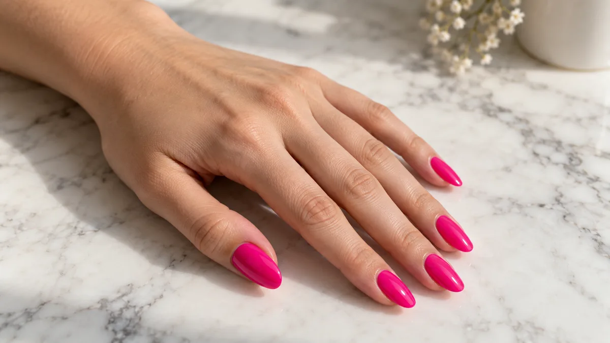 Single right hand with glossy solid hot pink nails on medium almond shape resting diagonally on a white marble surface