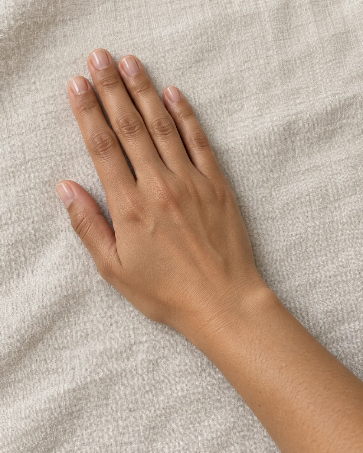 Short natural squoval nails on a hand resting on oatmeal linen, the healthy starting point for growing nails