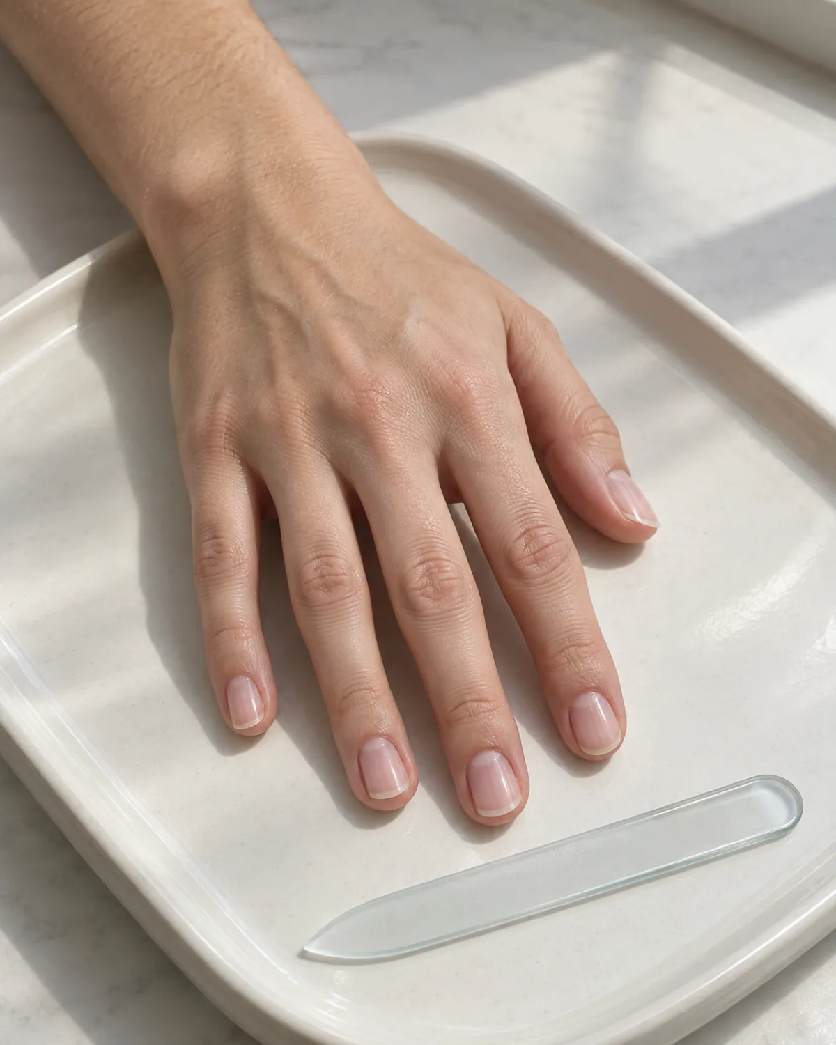 Hand with short round natural nails on a white ceramic tray beside a glass nail file, ready to smooth a rough edge
