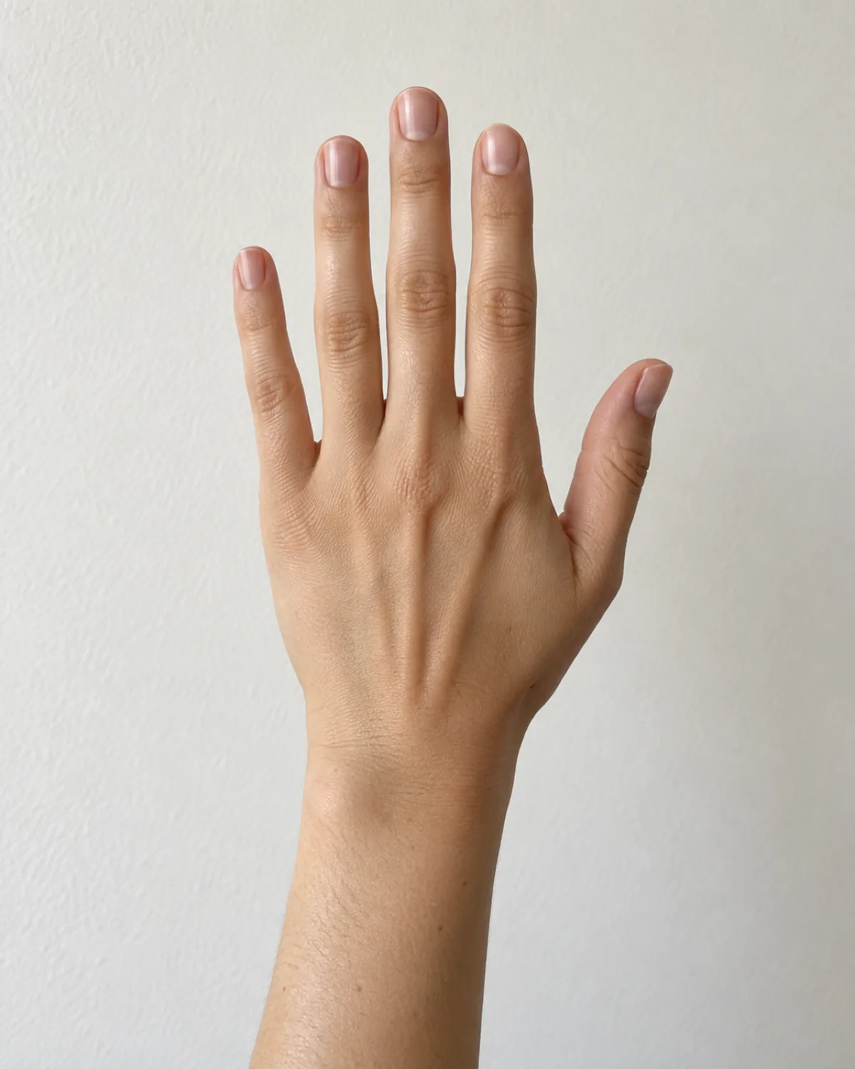 Back of a raised hand with short squoval natural nails and clean smooth edges against a warm white wall