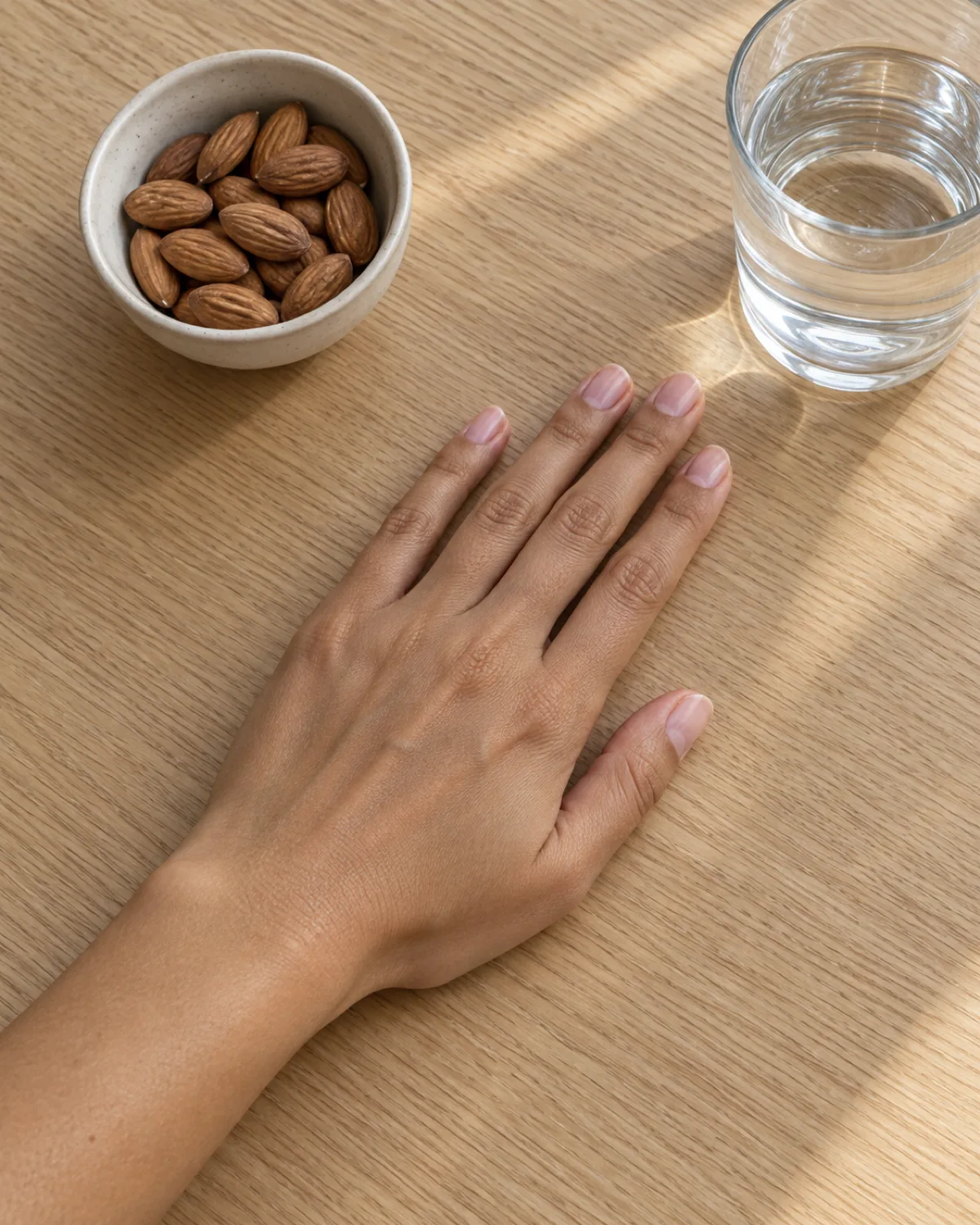Hand with short oval natural nails resting on a light oak table beside a small bowl of almonds and a glass of water