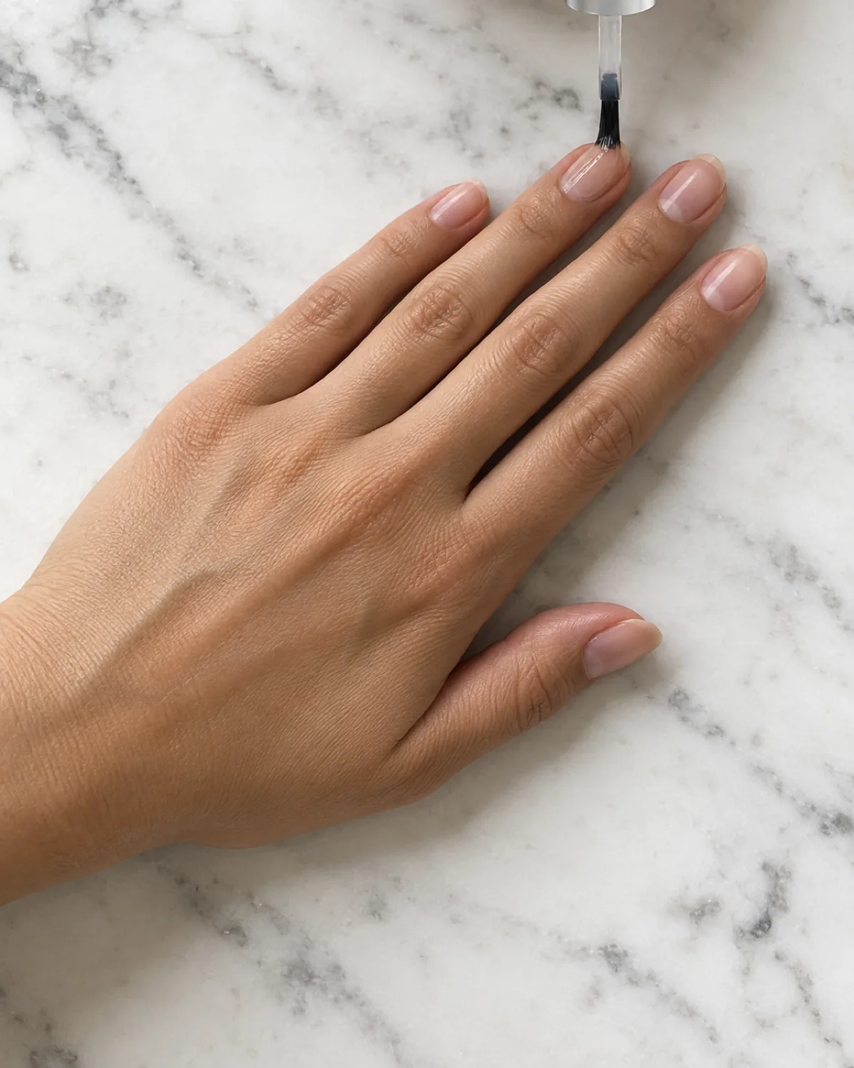 A clear polish brush applying a thin base coat to the ring-finger nail of a hand resting on white marble