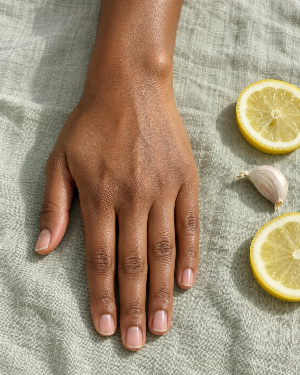 Hand with short square natural nails on sage linen with lemon slices and a garlic clove lying nearby, untouched